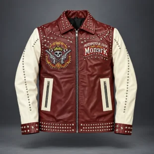 Custom Burgundy & Ivory Studded Biker-Style Jacket