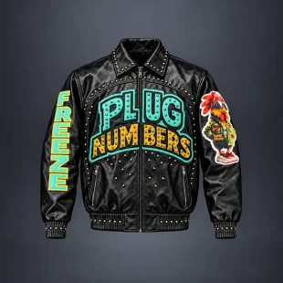Custom Plug Numbers Black Studded Bomber Jacket